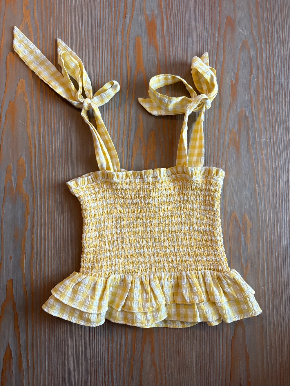 Franki Francesca's Kids Yellow Gingham Smocked Ruffle Tie-Shoulder Top